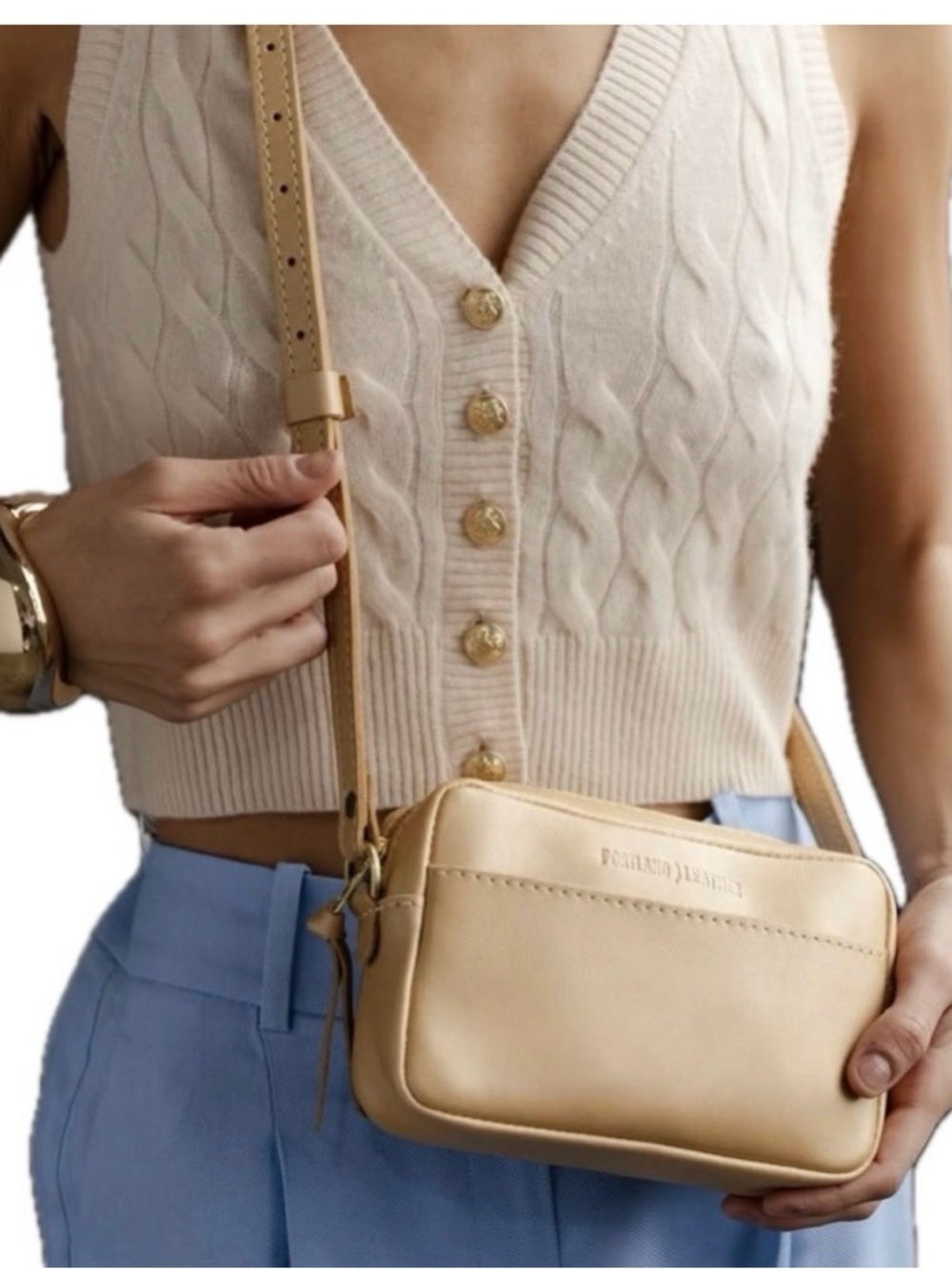 Portland Leather Large Camera Crossbody Bag Champagne